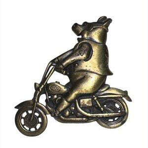 Vtg. JJ Brooch 1980’ Hog / Pig Riding Motorcycle Jonette  Gold Tone